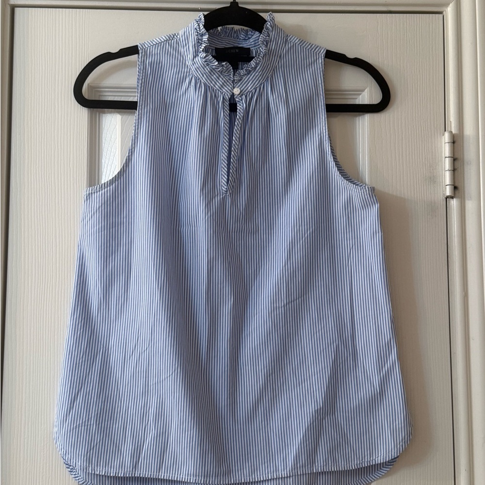J Crew Sleeveless Blue Stripe Ruffle Neck Top NWOT